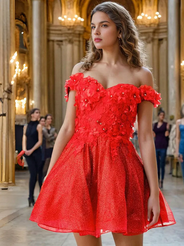 Off-the-shoulder Homecoming Dresses with Flower Appliques