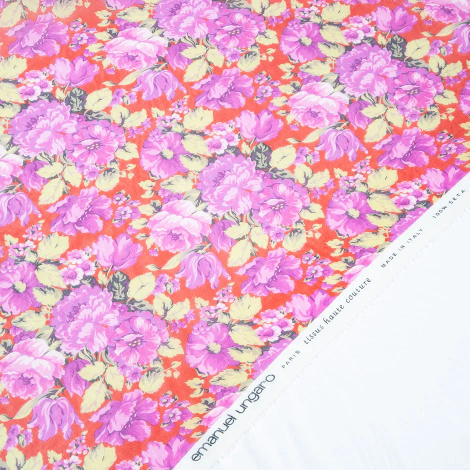 Pink Floral Printed Red Pure Silk Chiffon