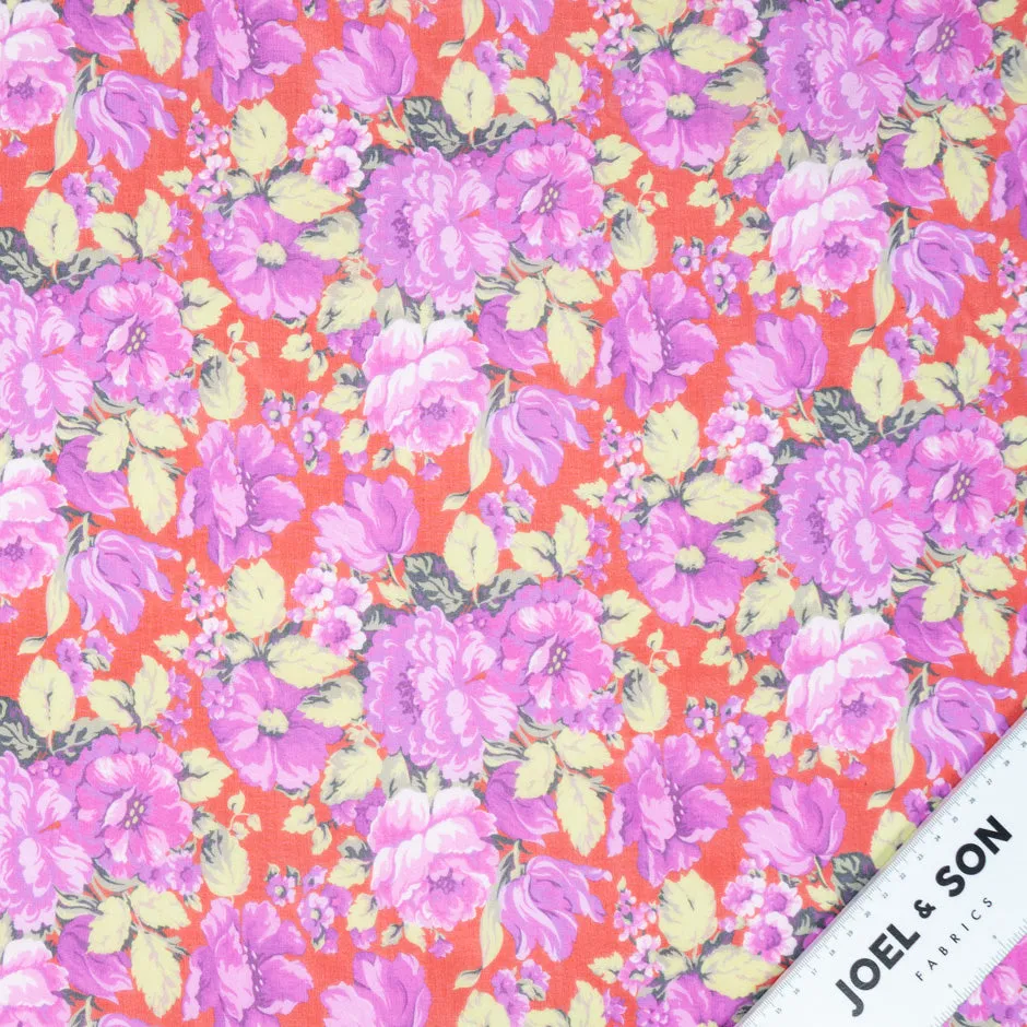 Pink Floral Printed Red Pure Silk Chiffon