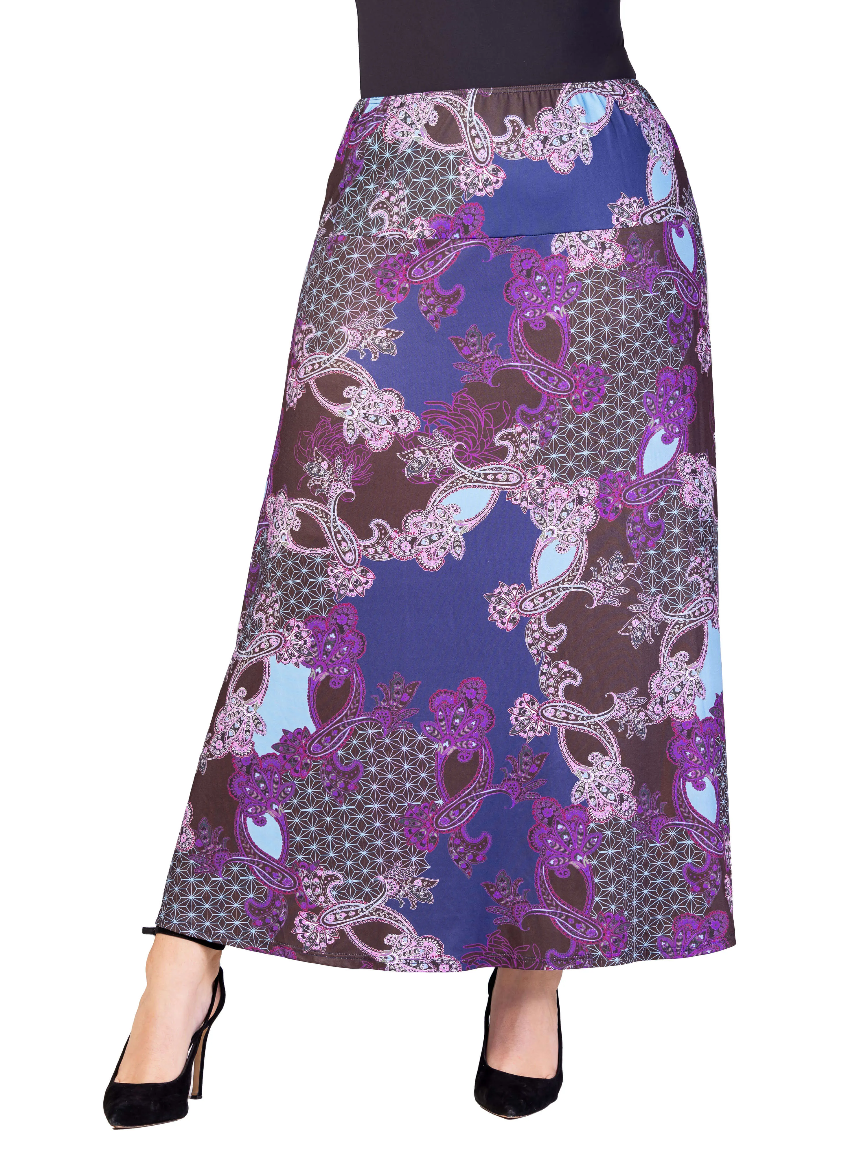 Plus Size Purple Paisley Print Elastic Waist A Line Maxi Skirt