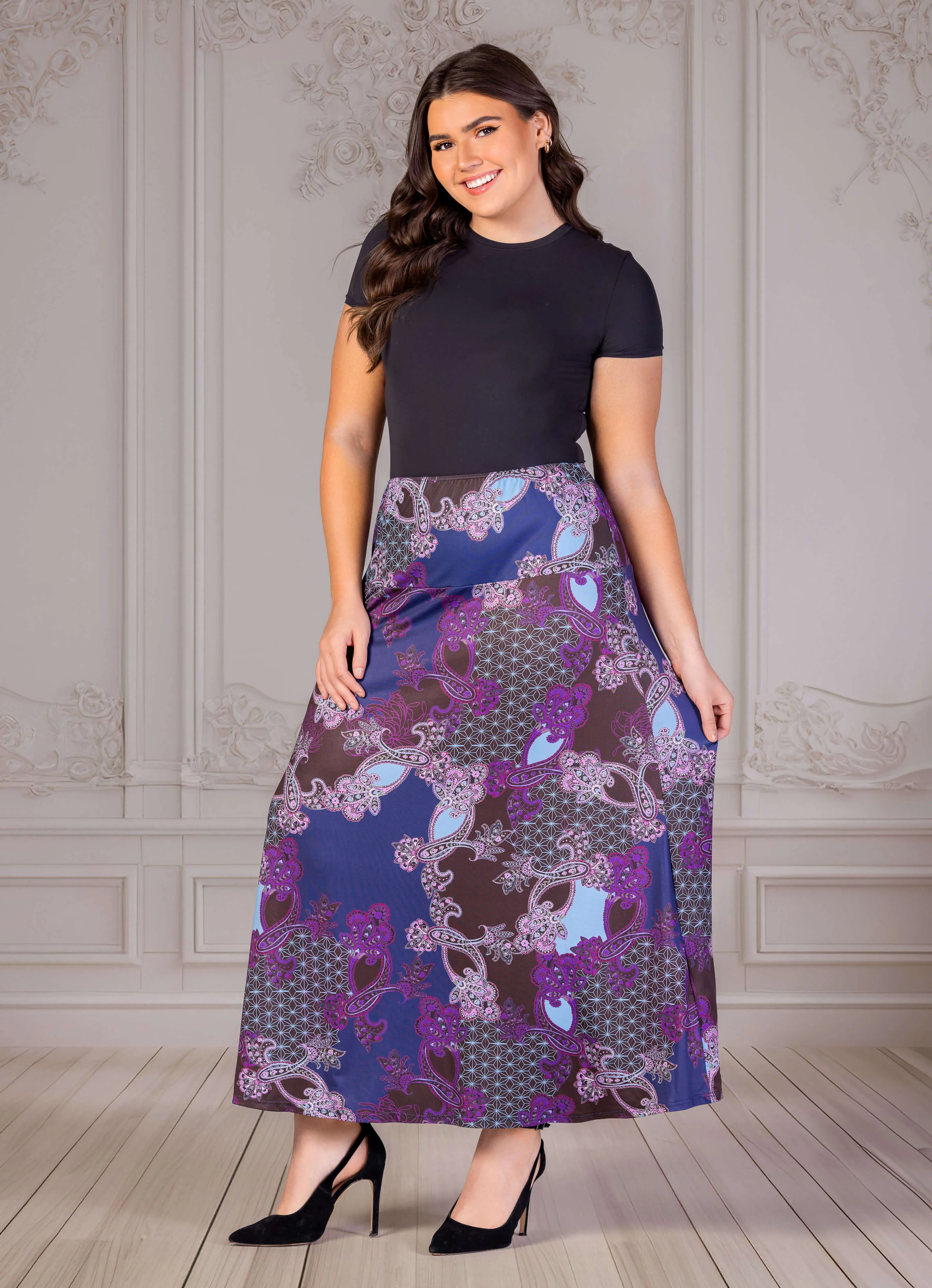 Plus Size Purple Paisley Print Elastic Waist A Line Maxi Skirt