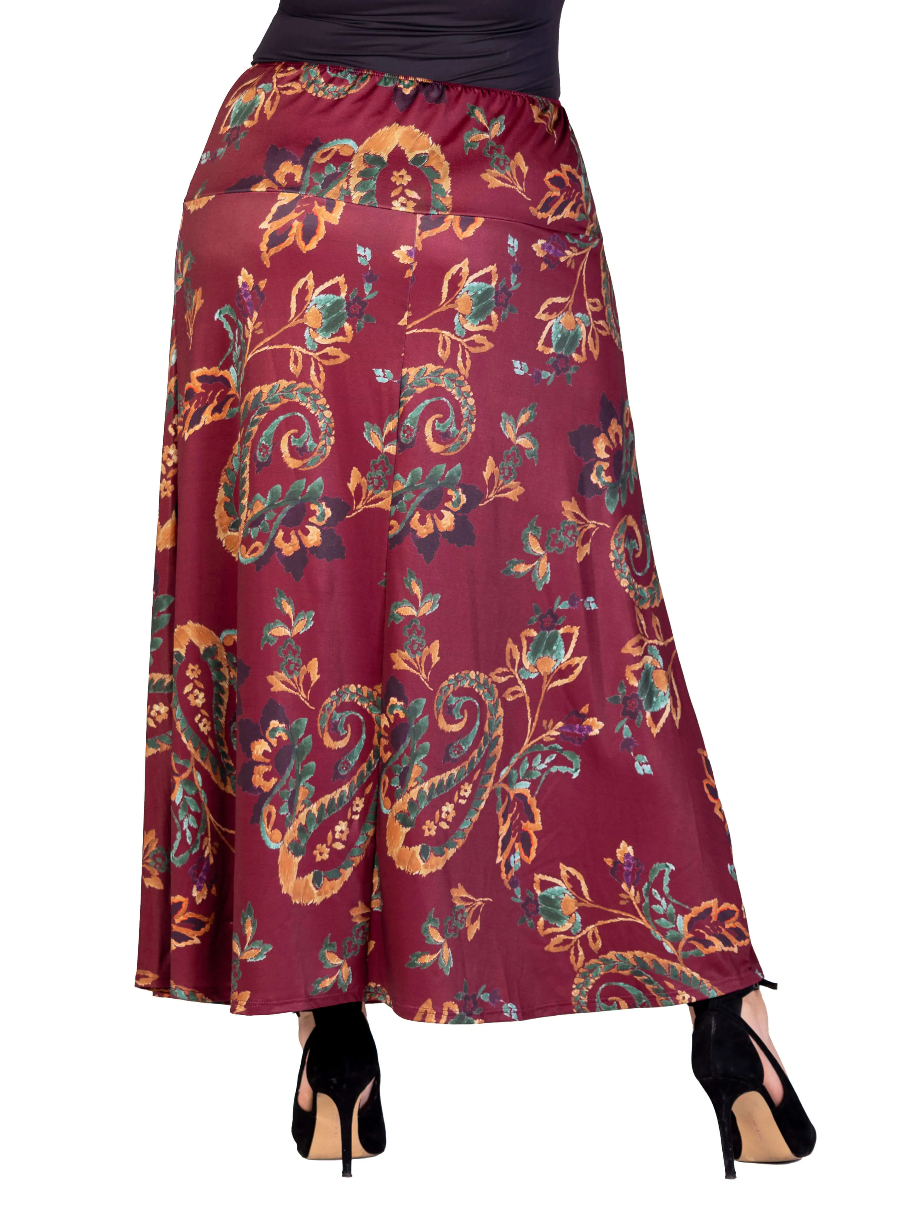 Plus Size Wine Print Elastic Waist A Line Maxi Skirt