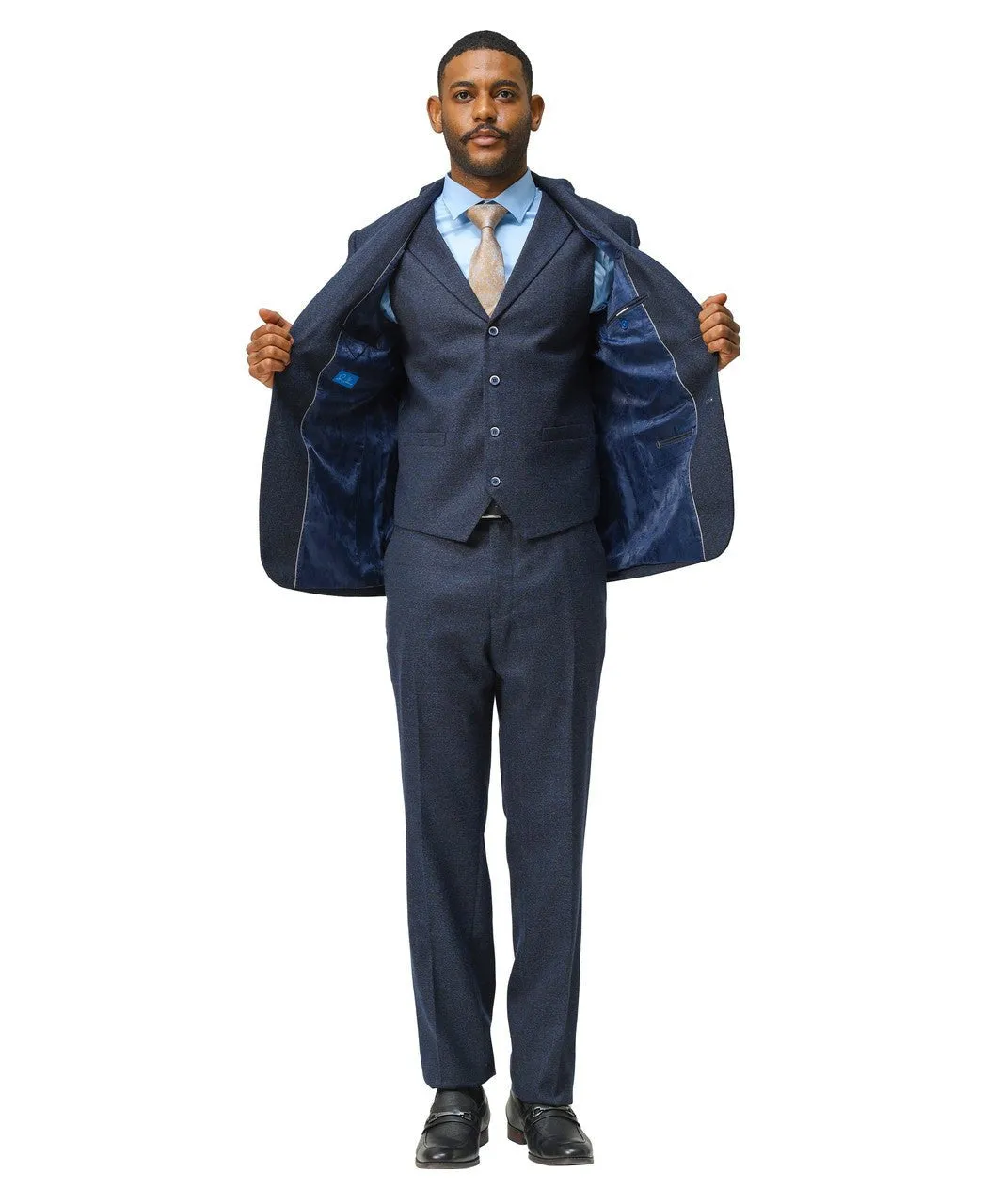 "Hybrid Fit" 3-Piece Tweed Suit with Notch Lapel by Sean Alexander - Navy