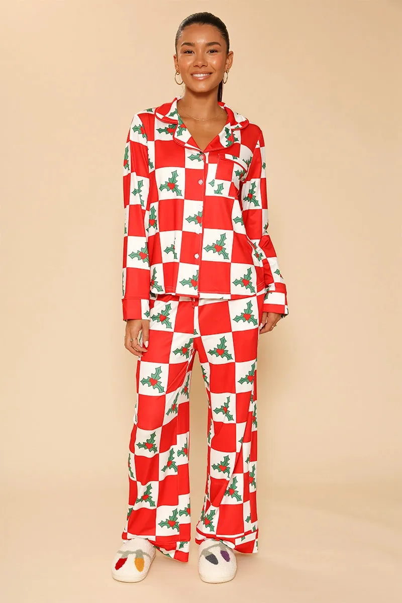 Red Mistletoe Checkered Pajama Set