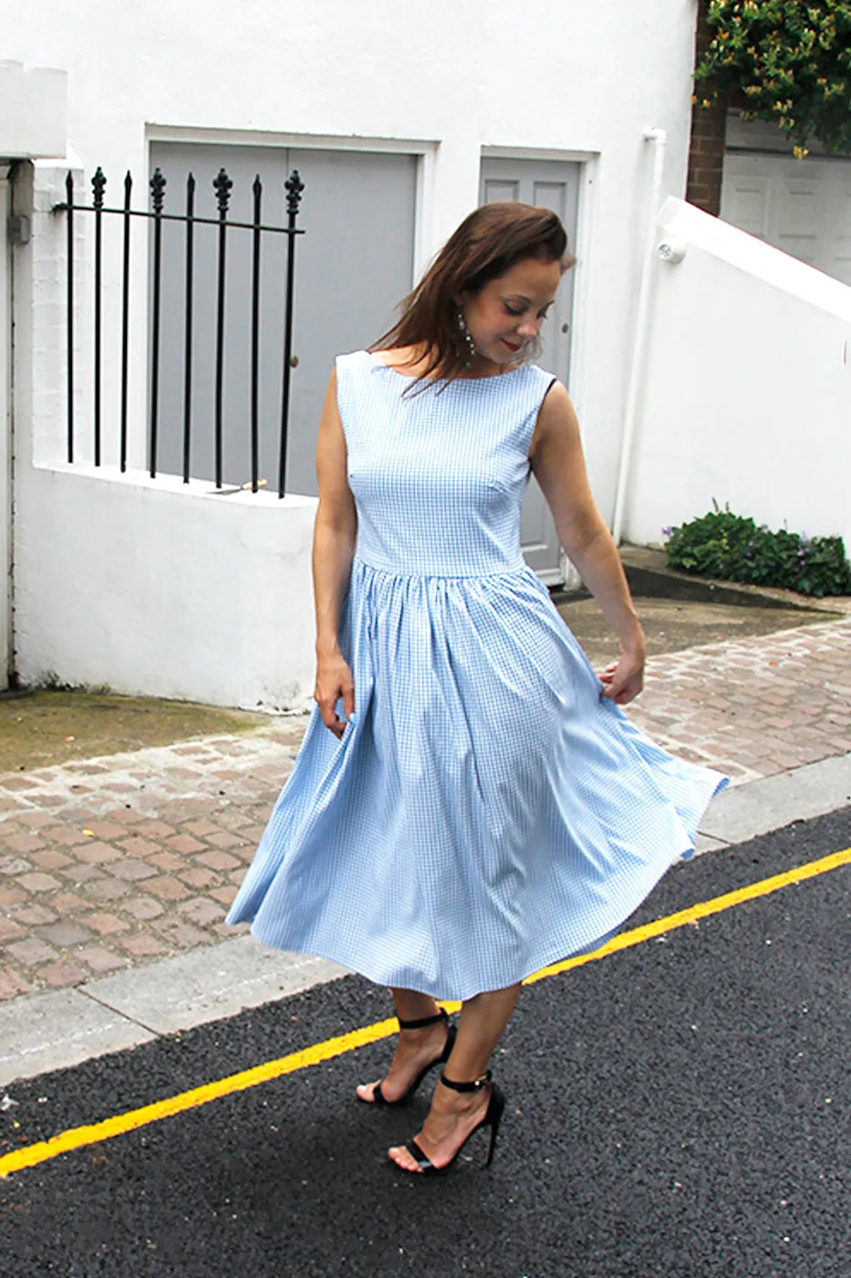 Rene - Pale Blue Check Print Dress