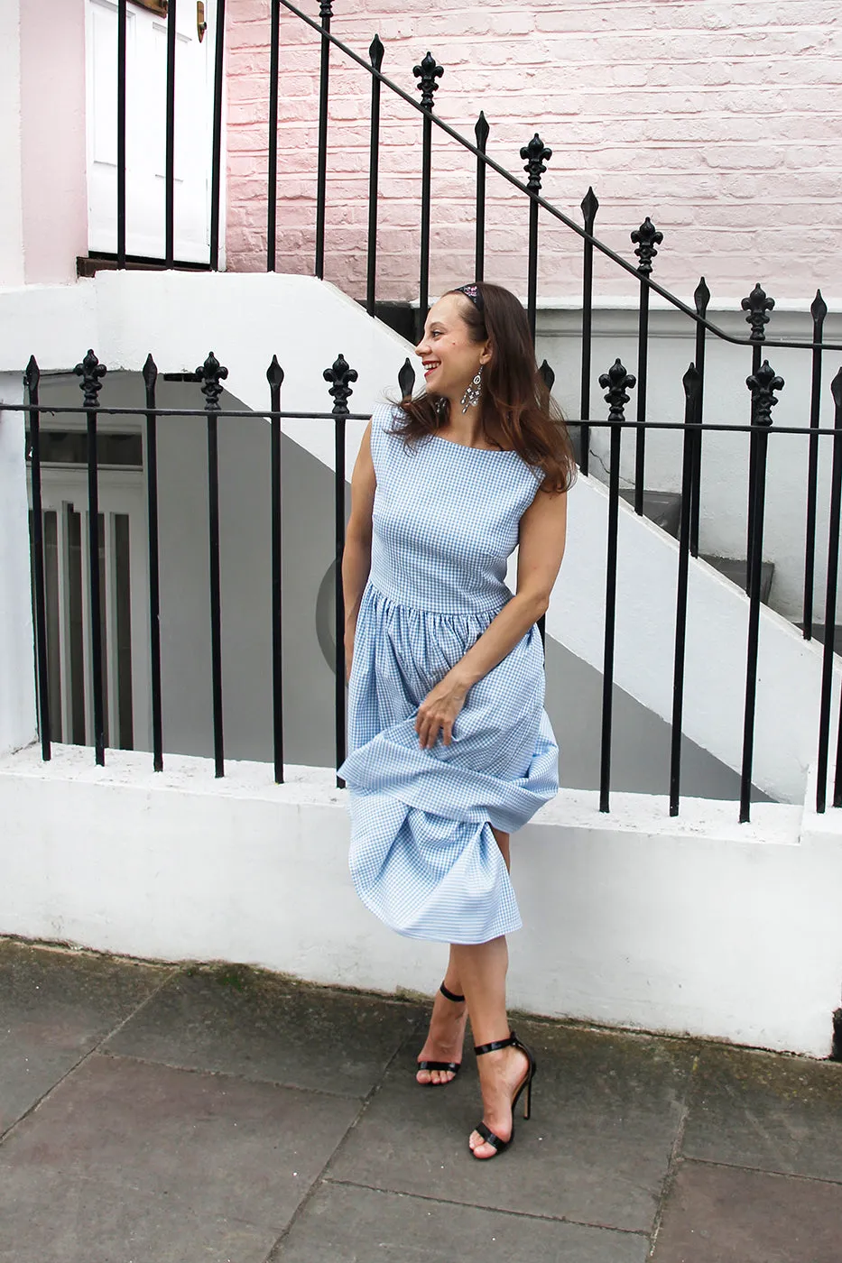 Rene - Pale Blue Check Print Dress