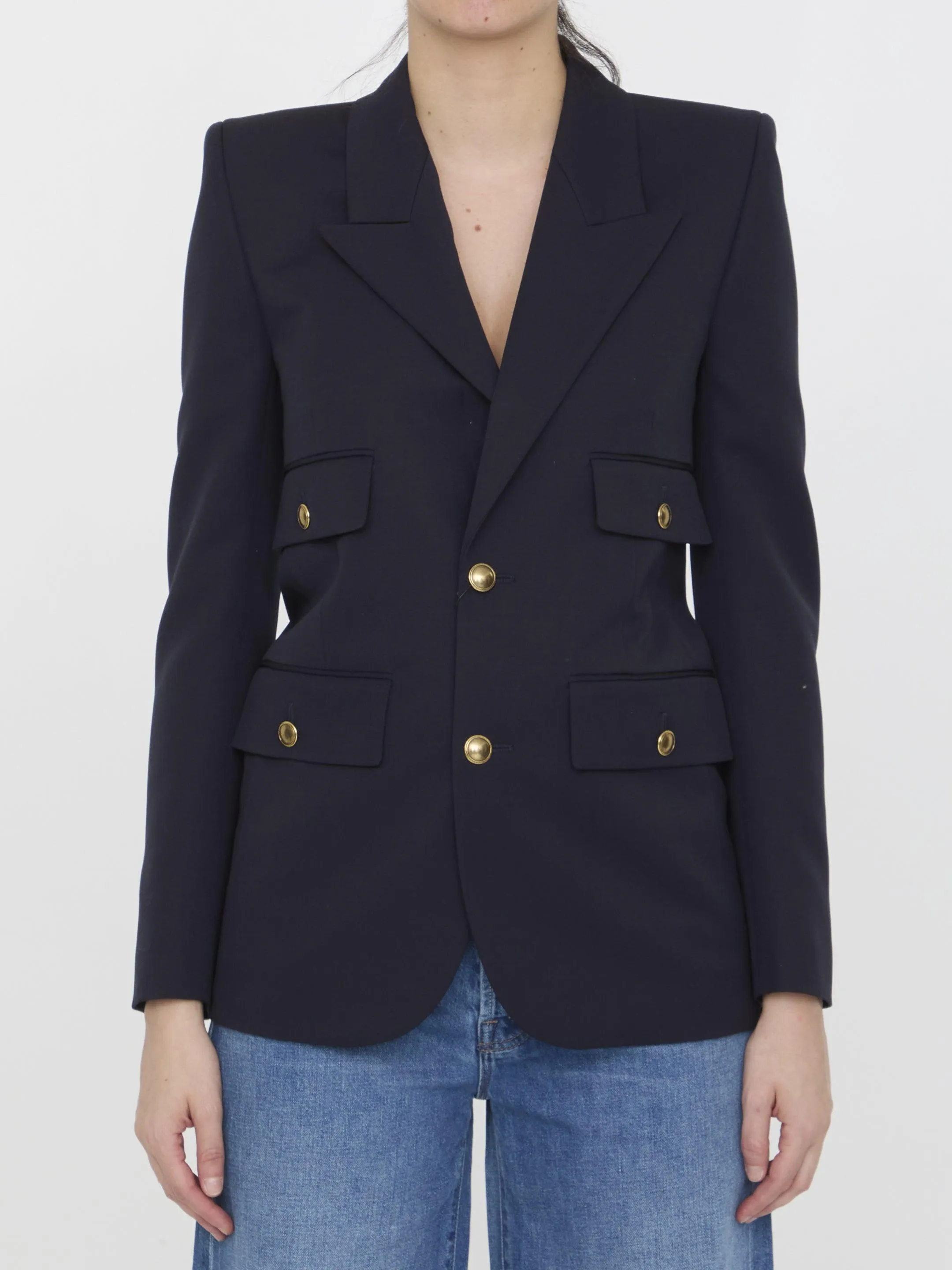 Saint Laurent Grain De Poudre Wool Blazer in Navy