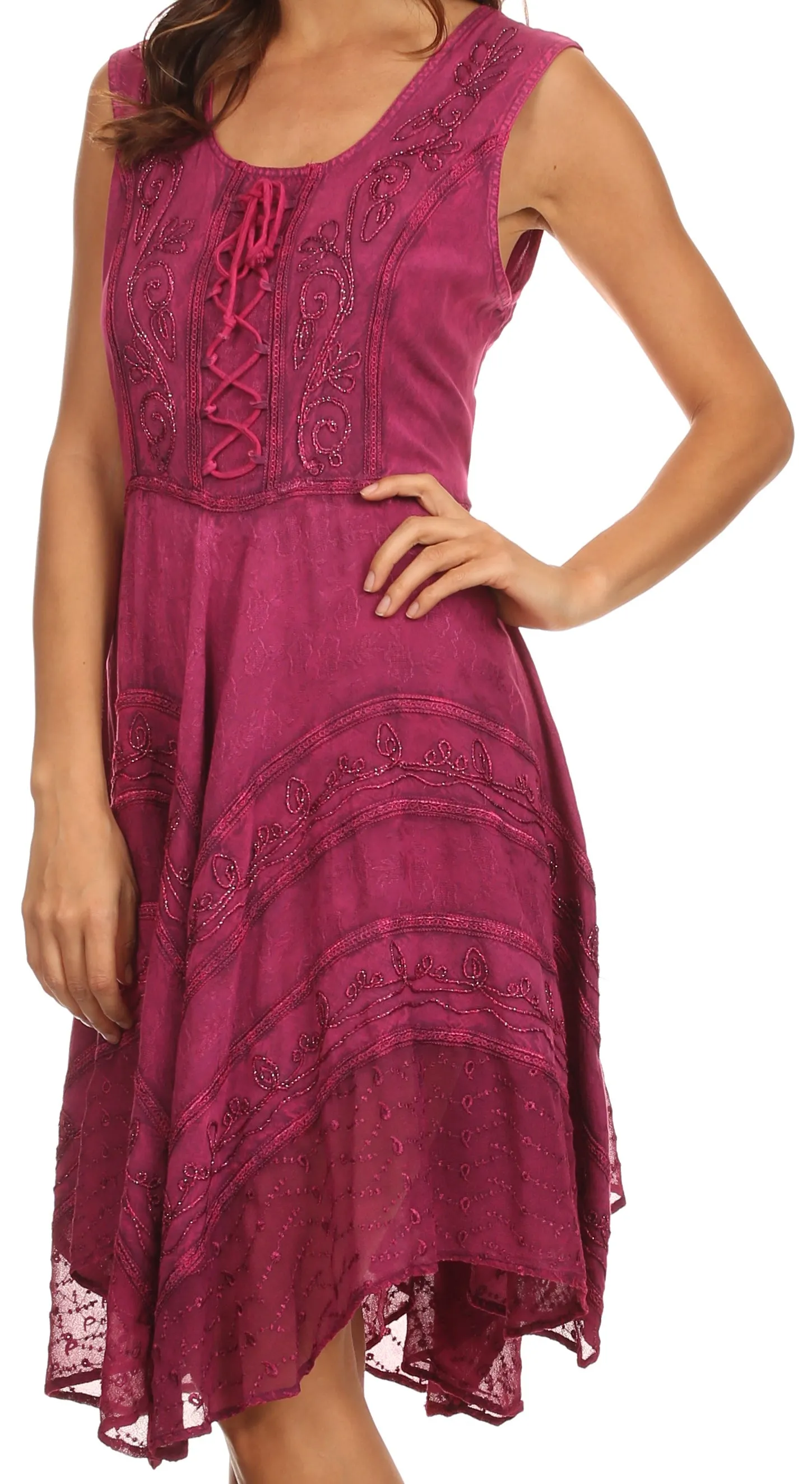 Sakkas Sundara Stonewashed Rayon Embroidered Mid Length Dress