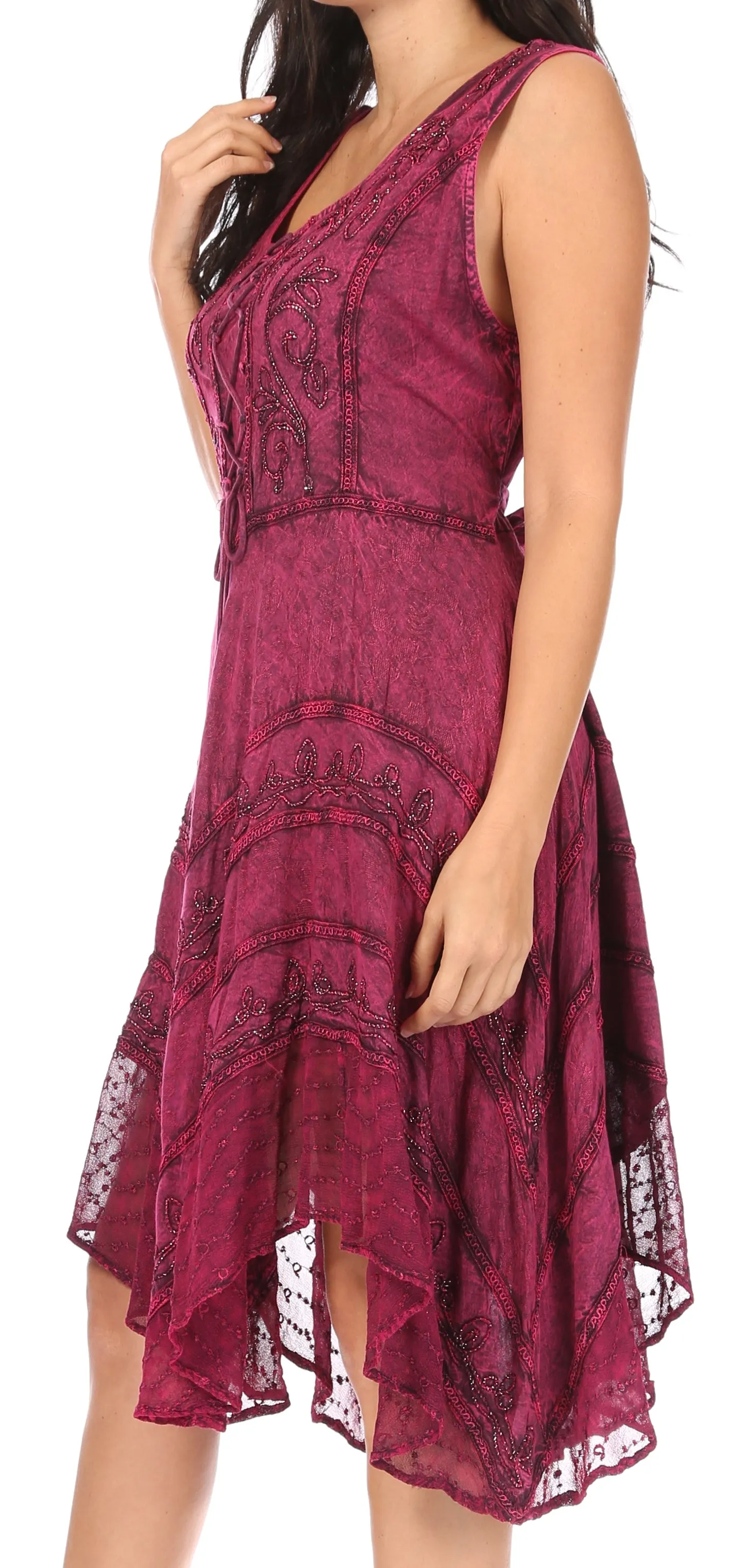 Sakkas Sundara Stonewashed Rayon Embroidered Mid Length Dress