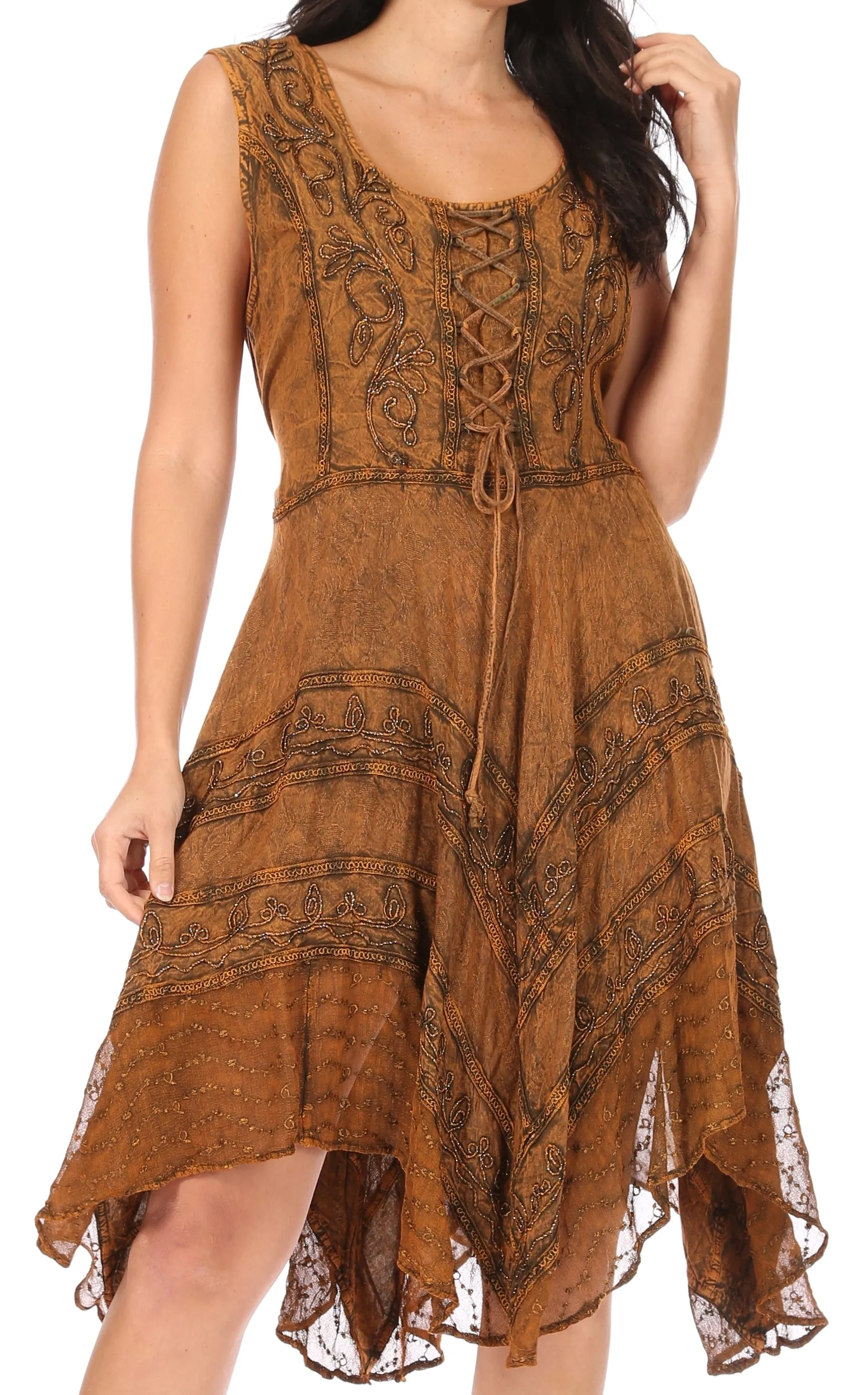 Sakkas Sundara Stonewashed Rayon Embroidered Mid Length Dress