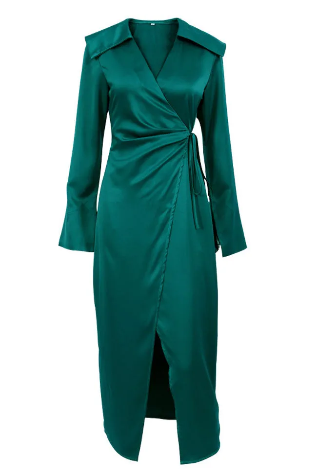 Silky Satin Long Sleeve Cocktail Party Wrap Maxi Dress - Emerald Green