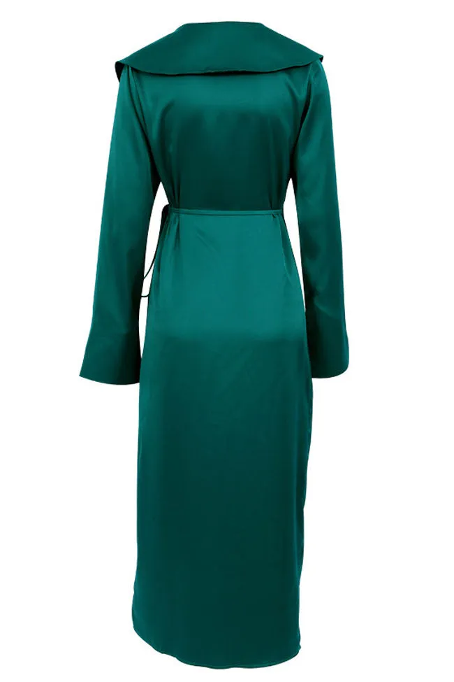 Silky Satin Long Sleeve Cocktail Party Wrap Maxi Dress - Emerald Green