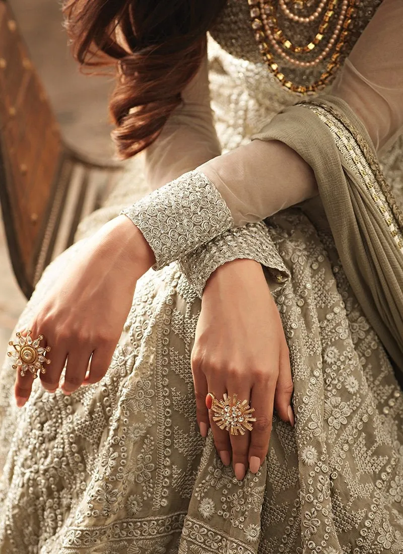 Silvery Grey Hues With Rustic Embroidered Detail Flared Kaliyaari Anarkali Suit Set