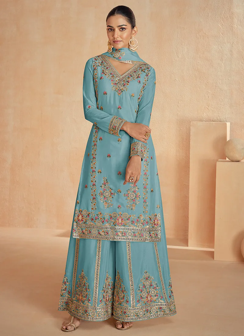 Sky Blue Multi Embroidery Festive Palazzo Suit