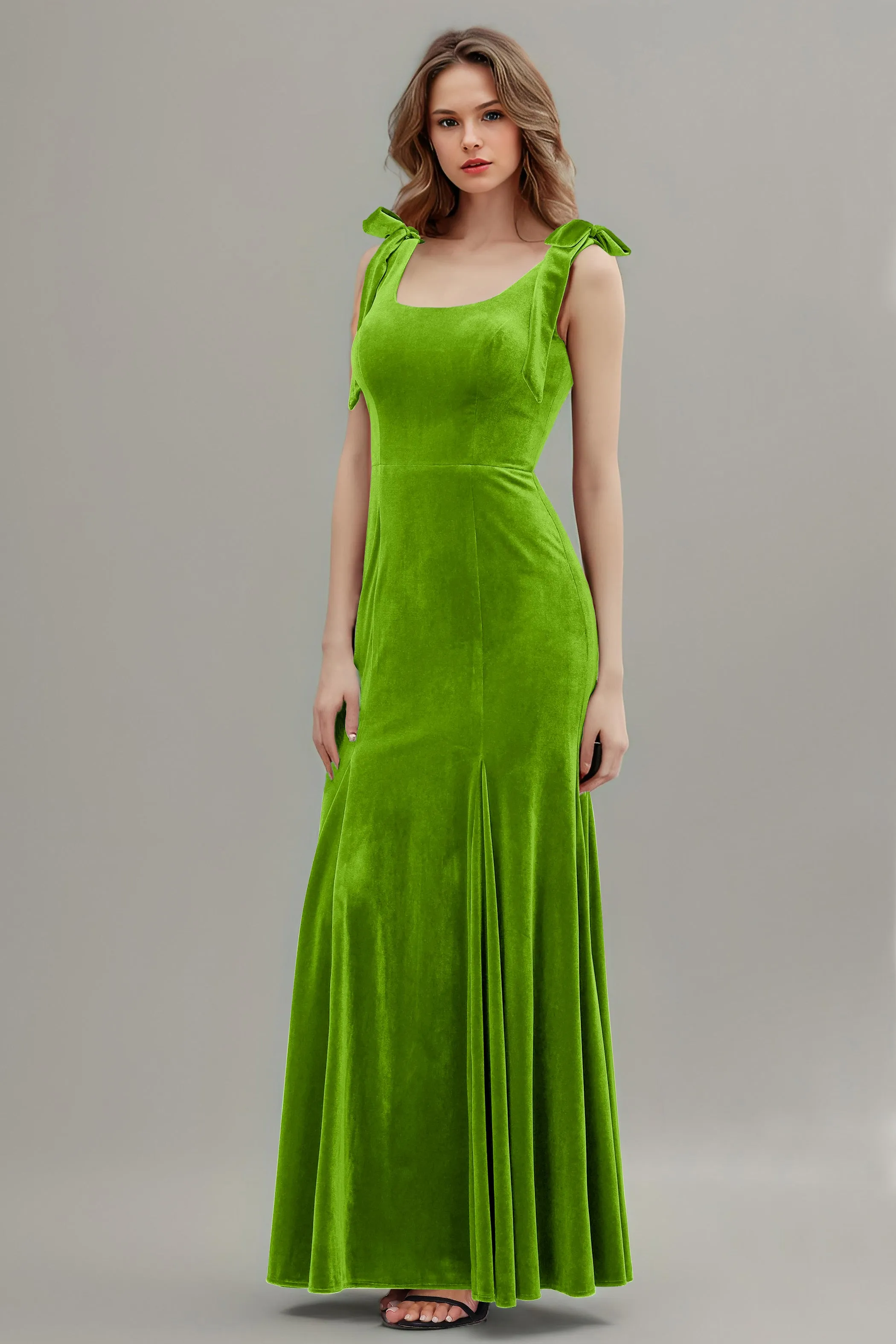 Sleeveless Square Neck Velvet Long Bridesmaid Dresses with Bowknot