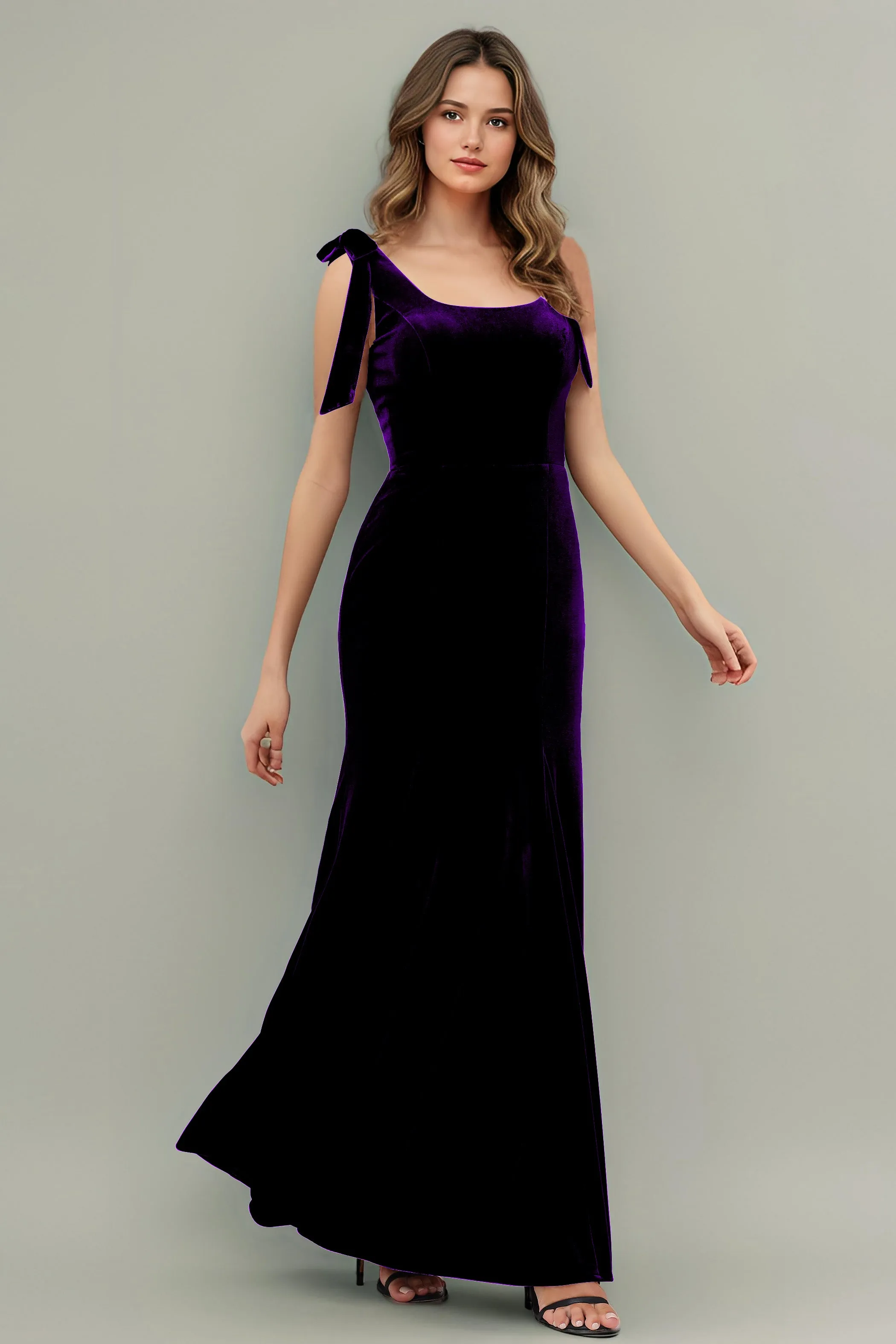 Sleeveless Square Neck Velvet Long Bridesmaid Dresses with Bowknot