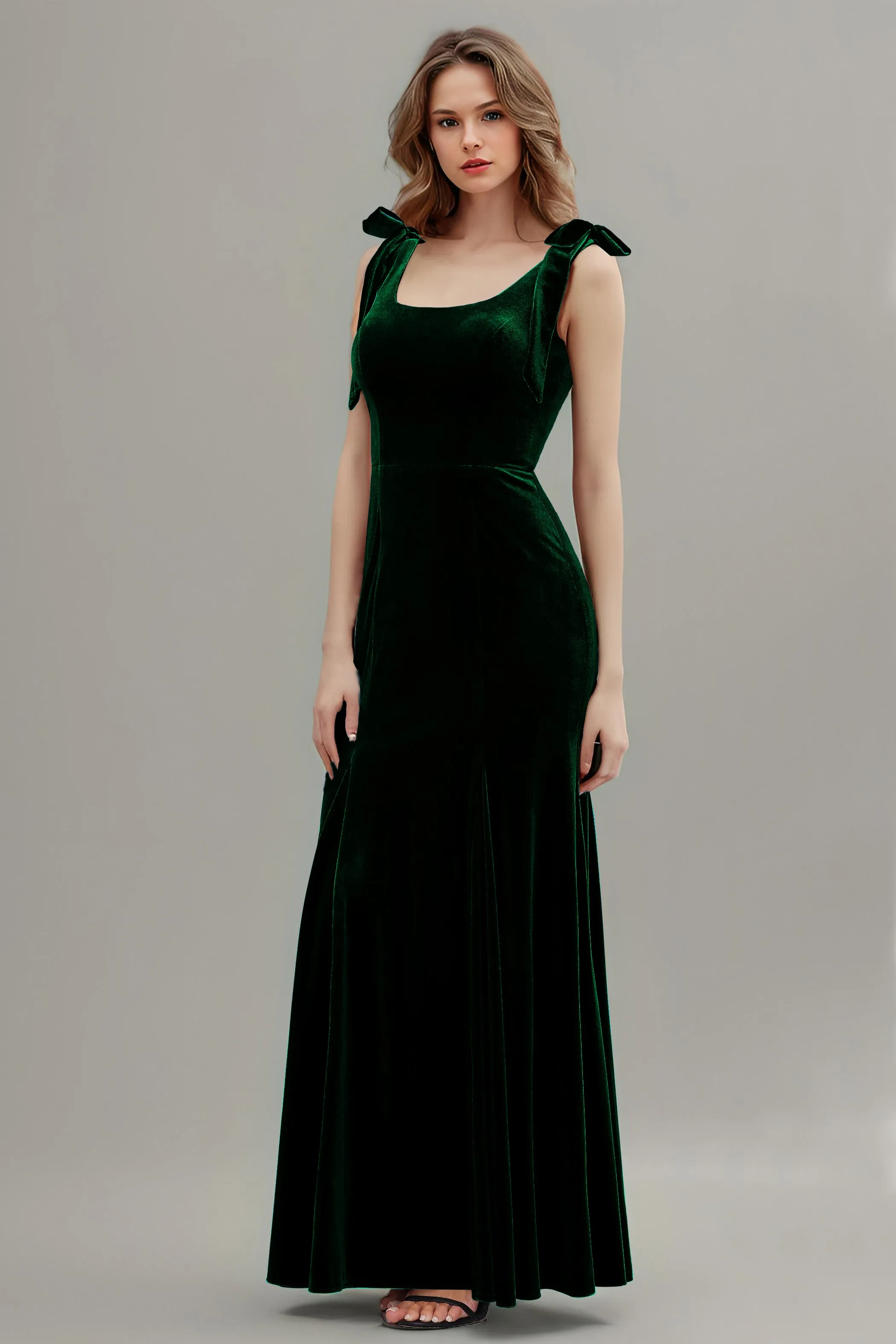 Sleeveless Square Neck Velvet Long Bridesmaid Dresses with Bowknot