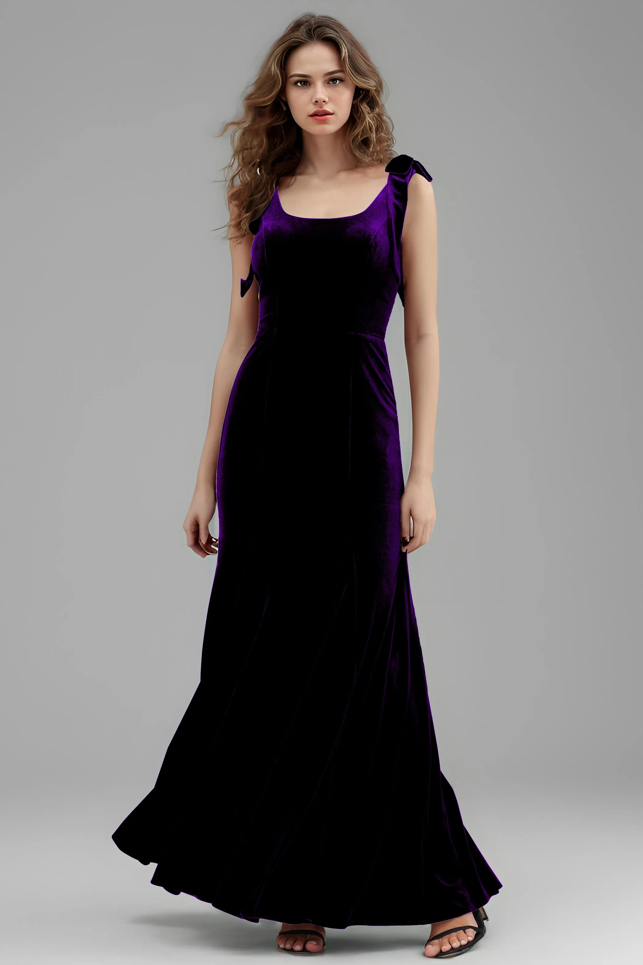 Sleeveless Square Neck Velvet Long Bridesmaid Dresses with Bowknot