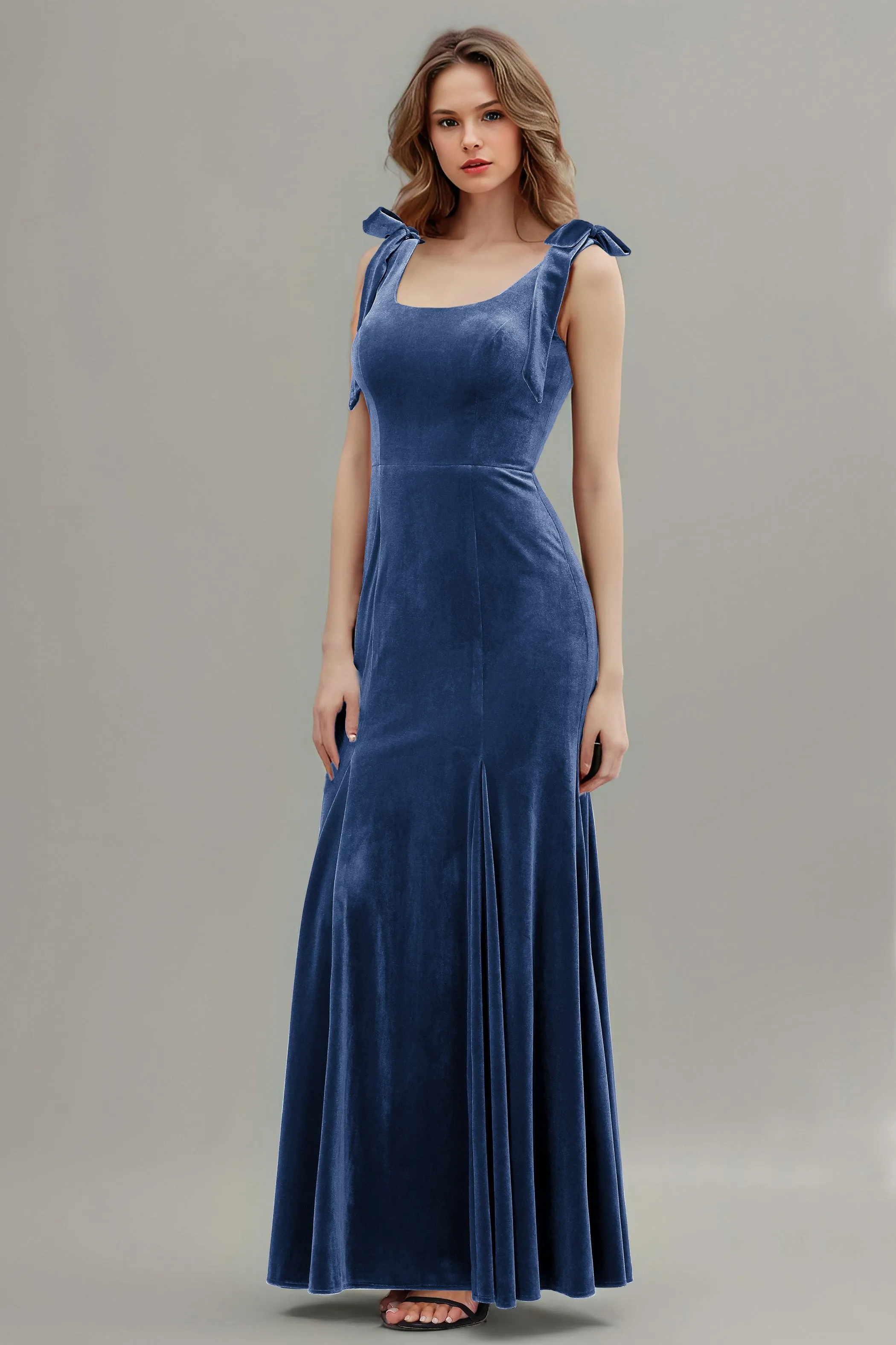 Sleeveless Square Neck Velvet Long Bridesmaid Dresses with Bowknot