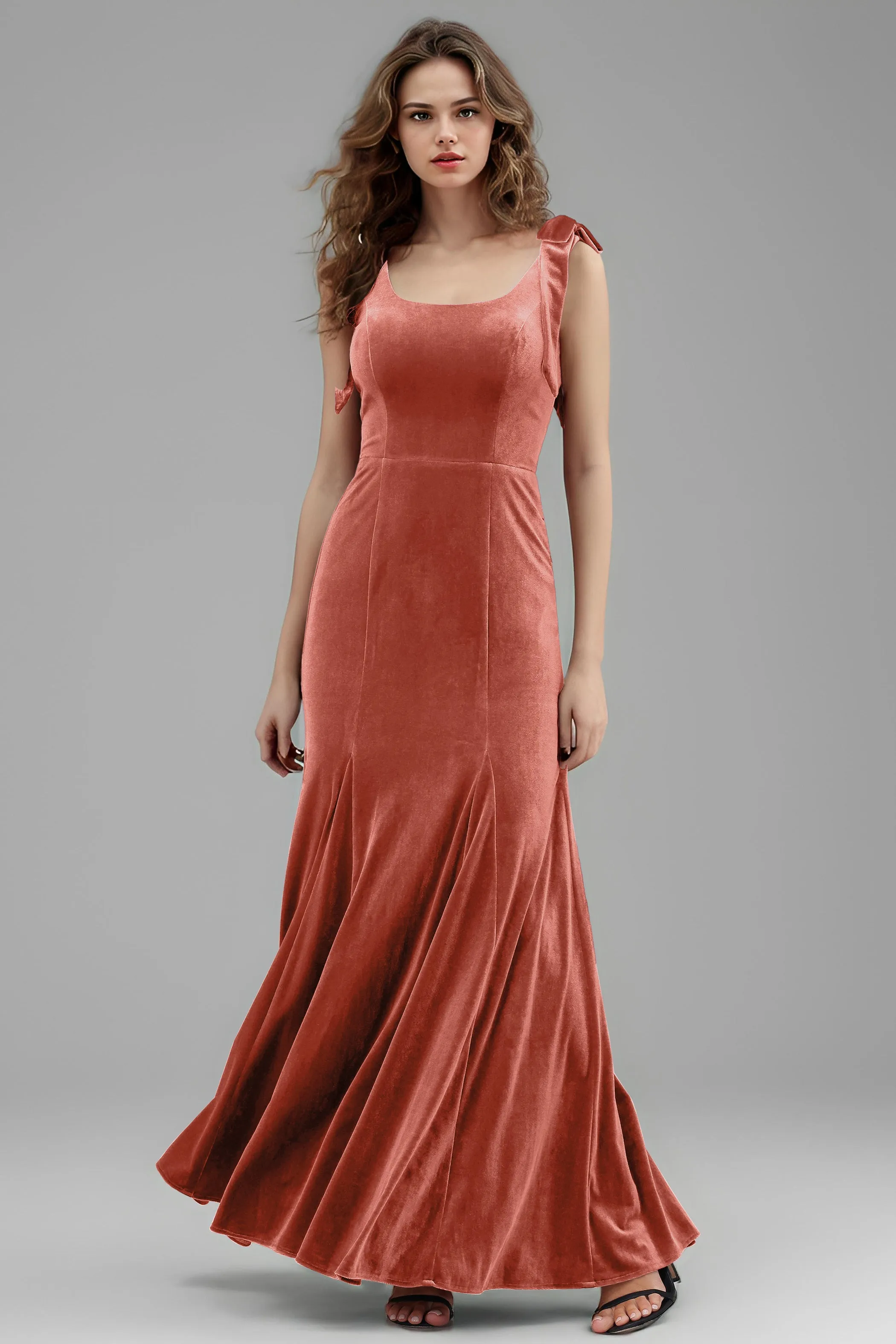 Sleeveless Square Neck Velvet Long Bridesmaid Dresses with Bowknot