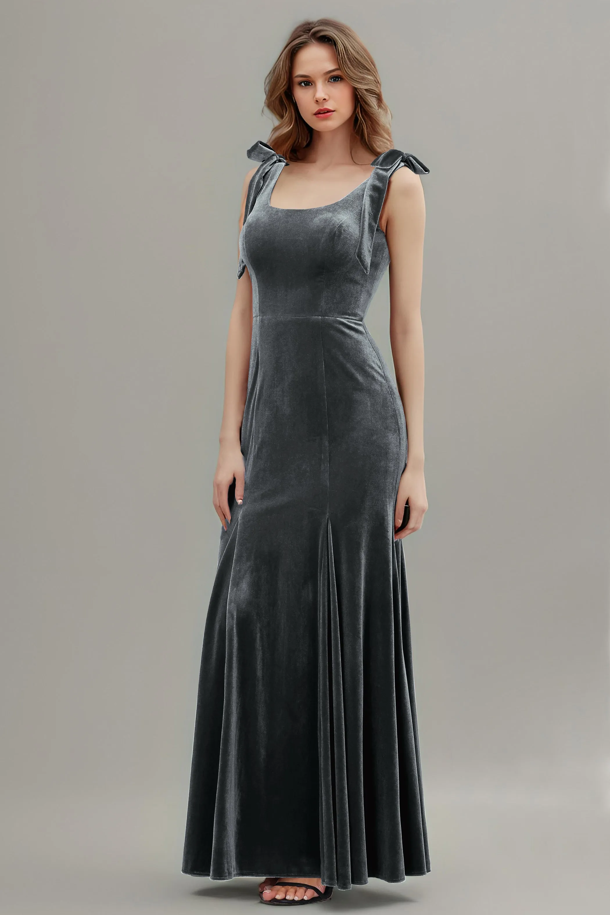 Sleeveless Square Neck Velvet Long Bridesmaid Dresses with Bowknot