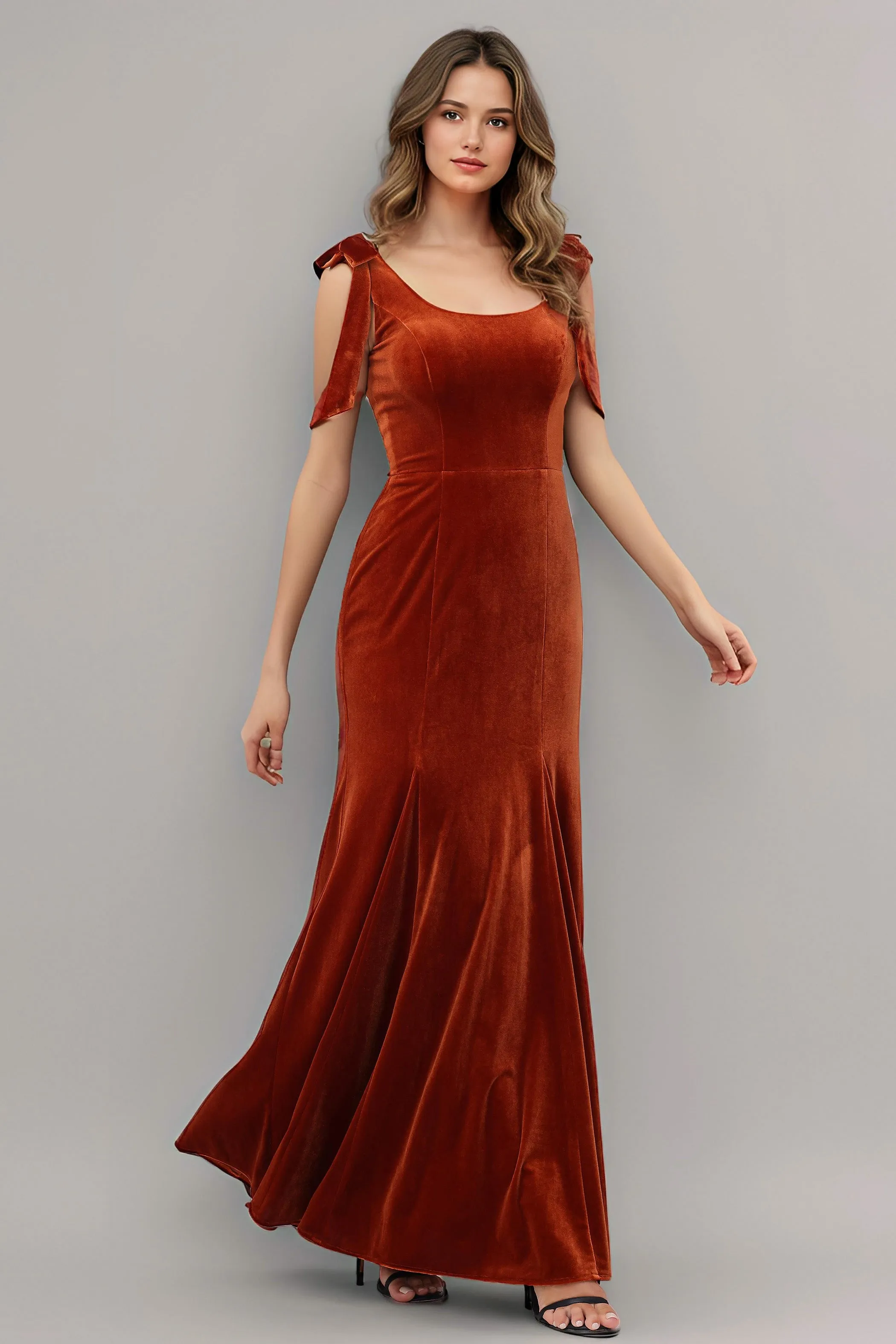 Sleeveless Square Neck Velvet Long Bridesmaid Dresses with Bowknot