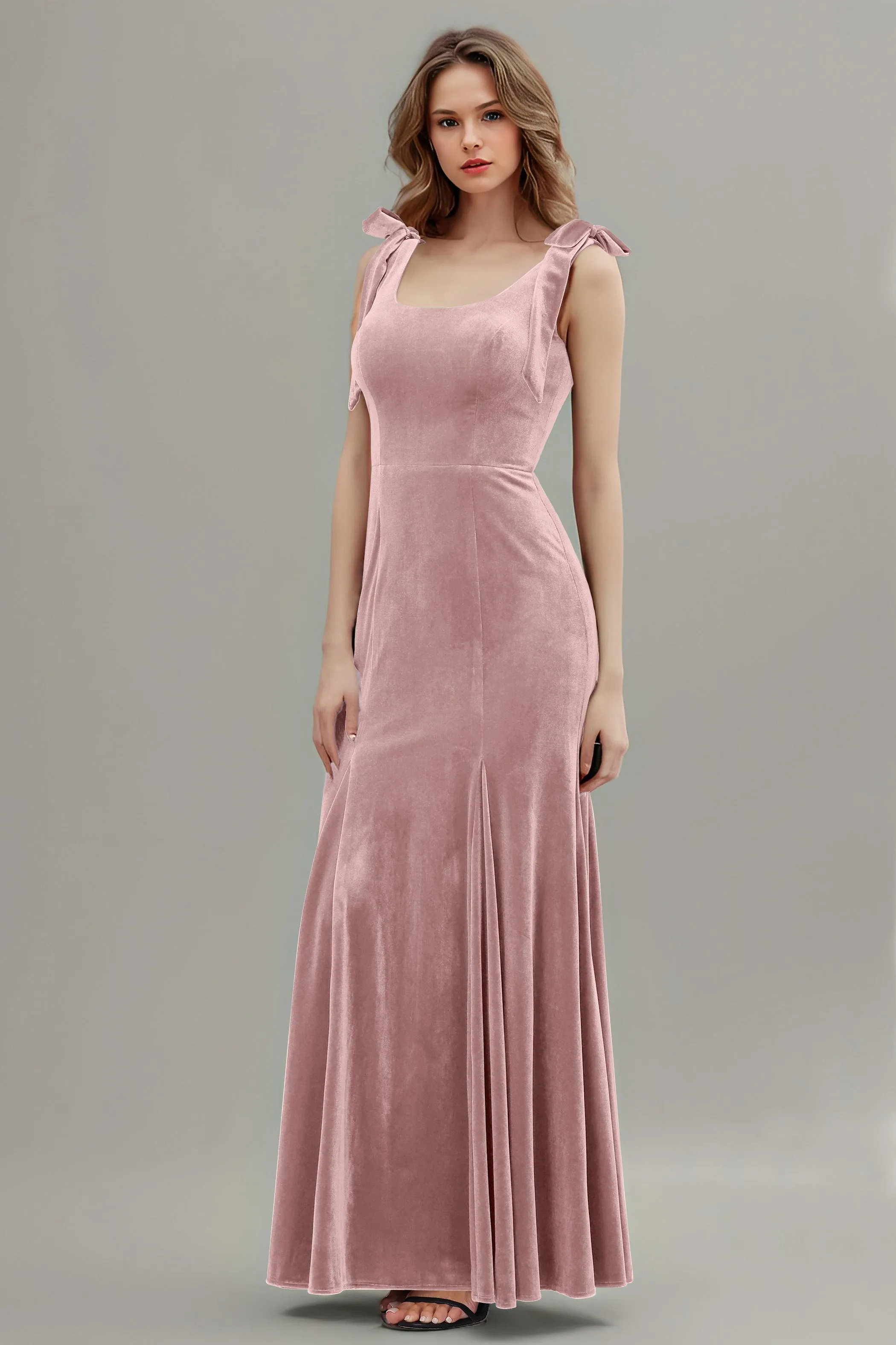 Sleeveless Square Neck Velvet Long Bridesmaid Dresses with Bowknot