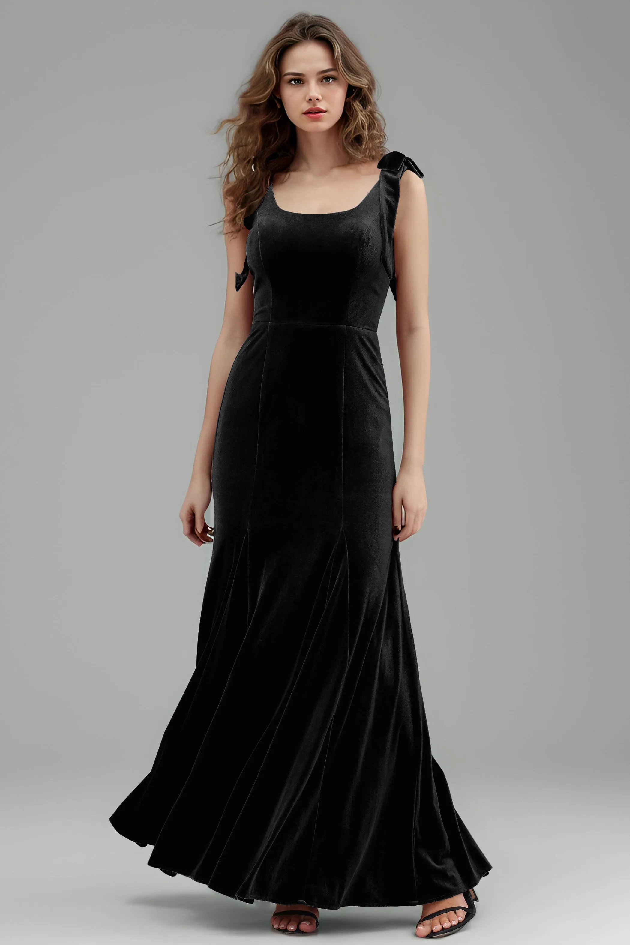 Sleeveless Square Neck Velvet Long Bridesmaid Dresses with Bowknot