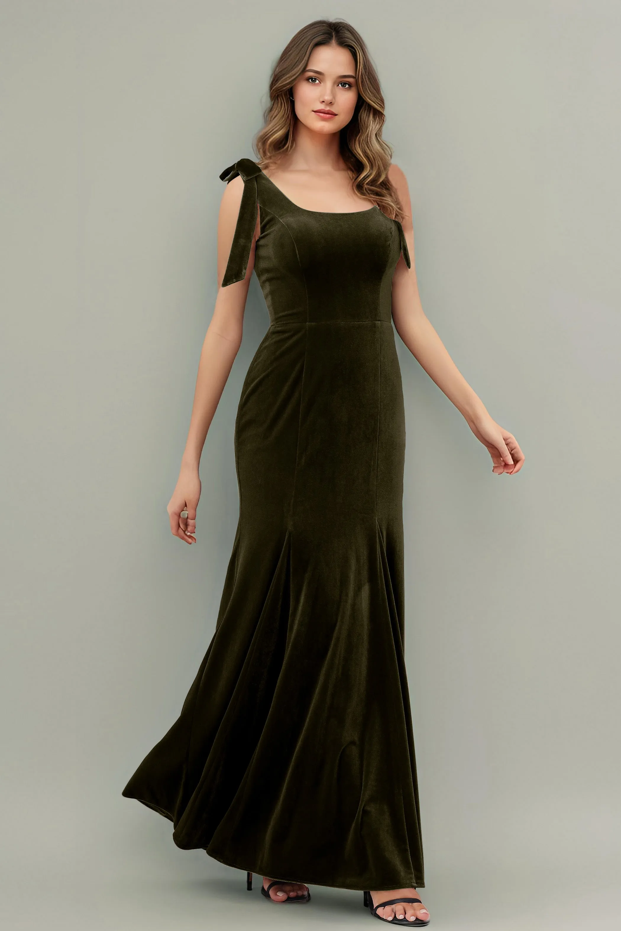 Sleeveless Square Neck Velvet Long Bridesmaid Dresses with Bowknot