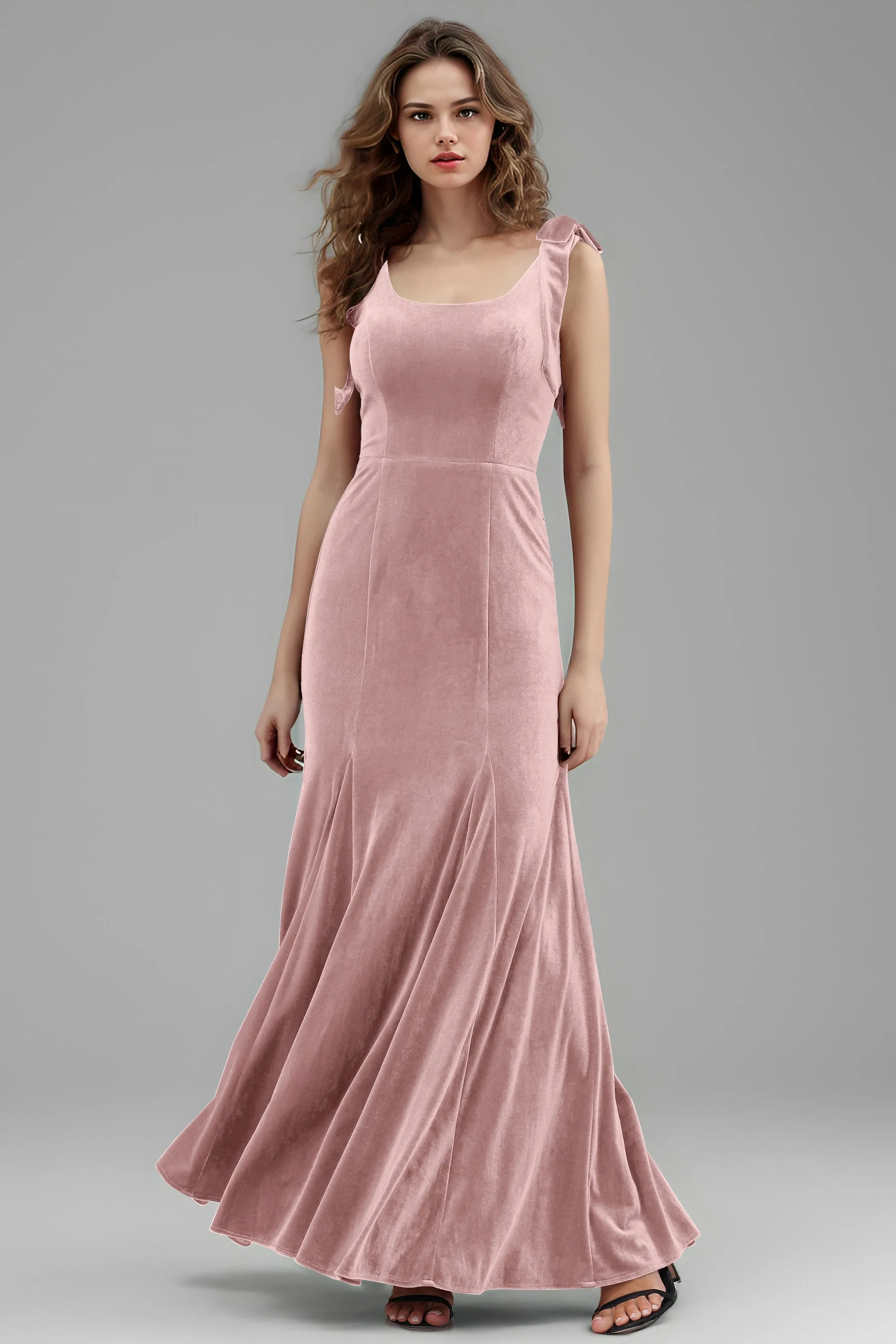 Sleeveless Square Neck Velvet Long Bridesmaid Dresses with Bowknot