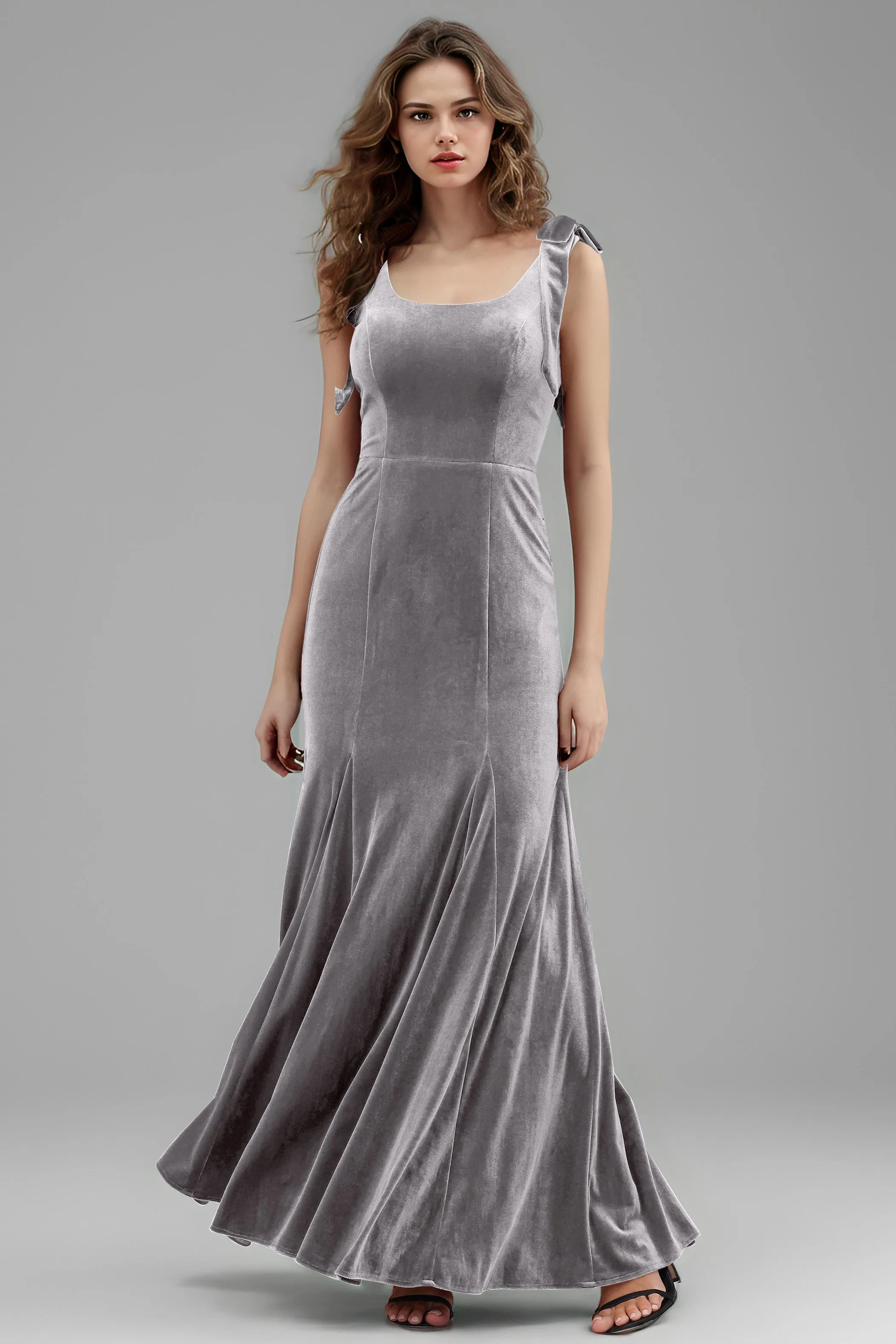 Sleeveless Square Neck Velvet Long Bridesmaid Dresses with Bowknot