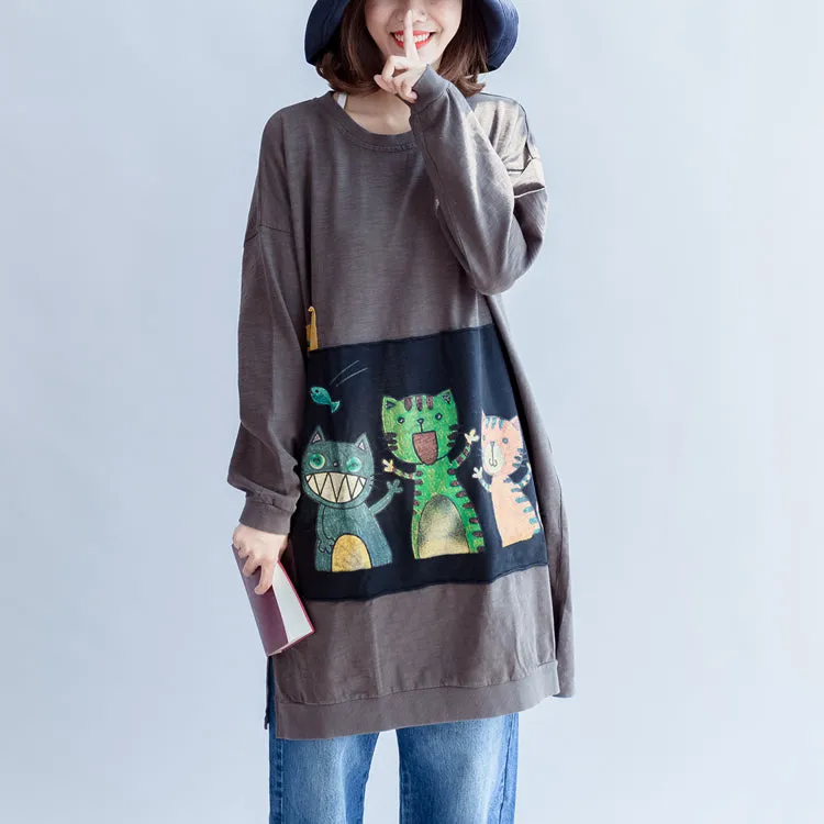 Three happy cats print cotton dresses oversized sweat dress pullover