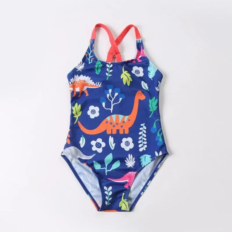 Toddler/Kid Girl's Blue Dinosaur Print Swimsuit