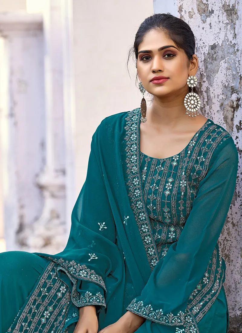 Turquoise Sequence Embroidery Wedding Palazzo Suit