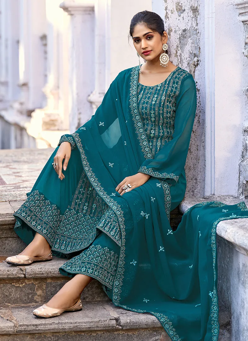 Turquoise Sequence Embroidery Wedding Palazzo Suit