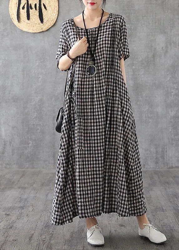 Vivid patchwork linen quilting dresses Runway black plaid Dresses summer