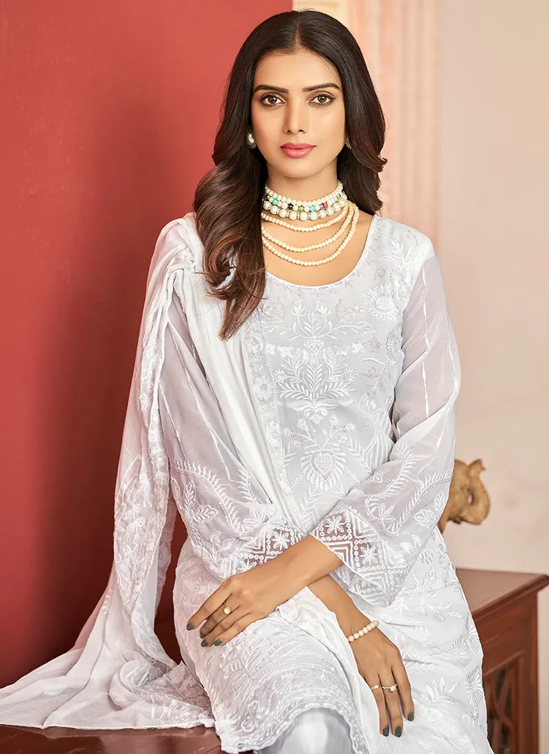 White Embroidery Pakistani Pant Style Suit