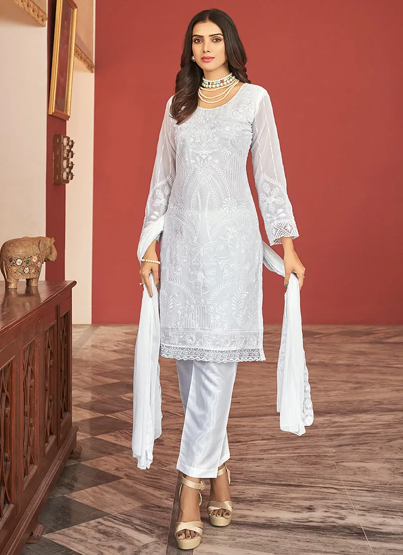 White Embroidery Pakistani Pant Style Suit