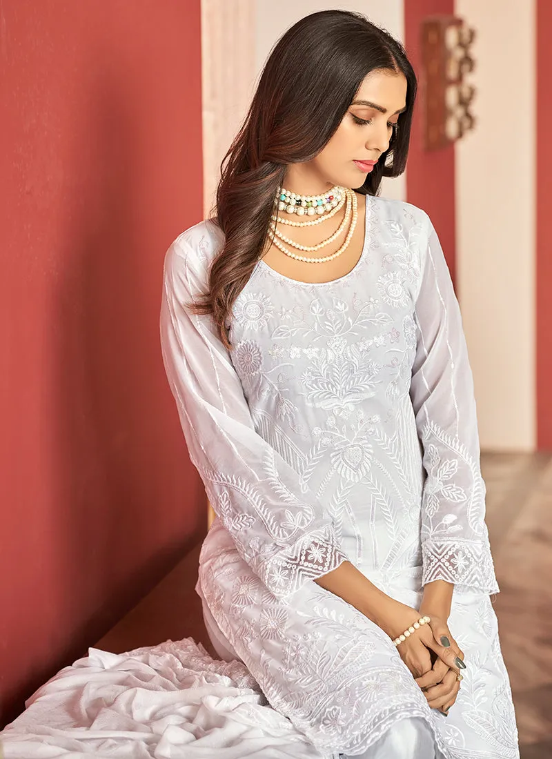 White Embroidery Pakistani Pant Style Suit