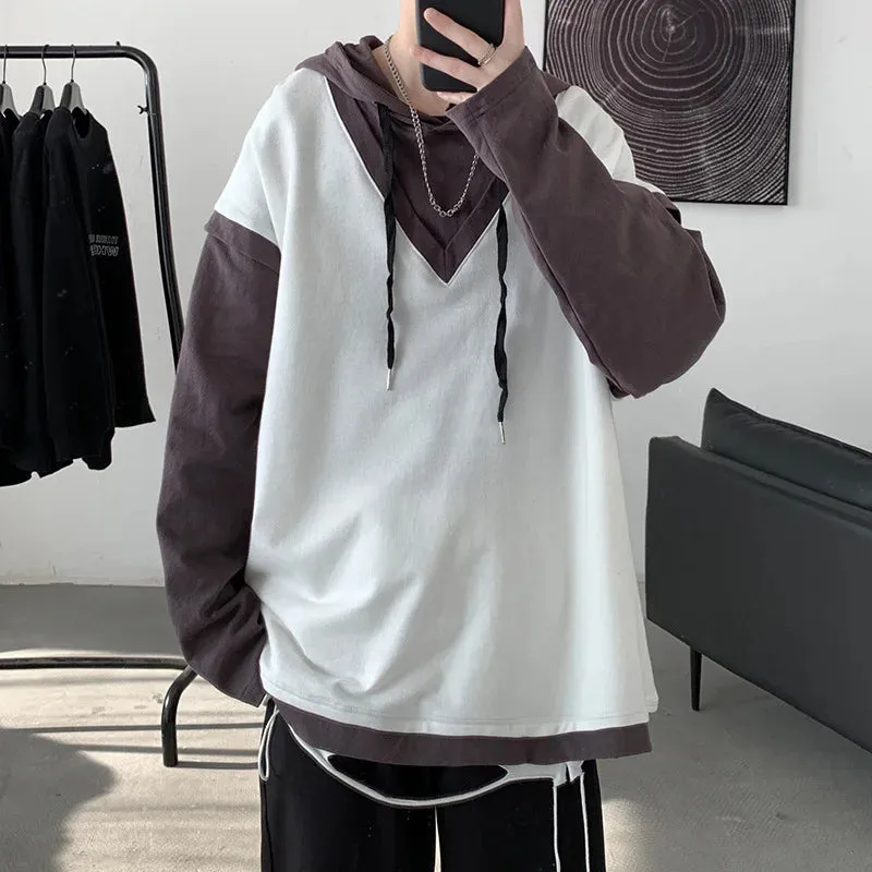 Wiaofellas - Spring Cotton Hoodie Men Fashion Fake Two Piece Sweatshirt Streetwear Korean Loose Hip Hop Pullover Hoodies Mens Clothing M-5XL