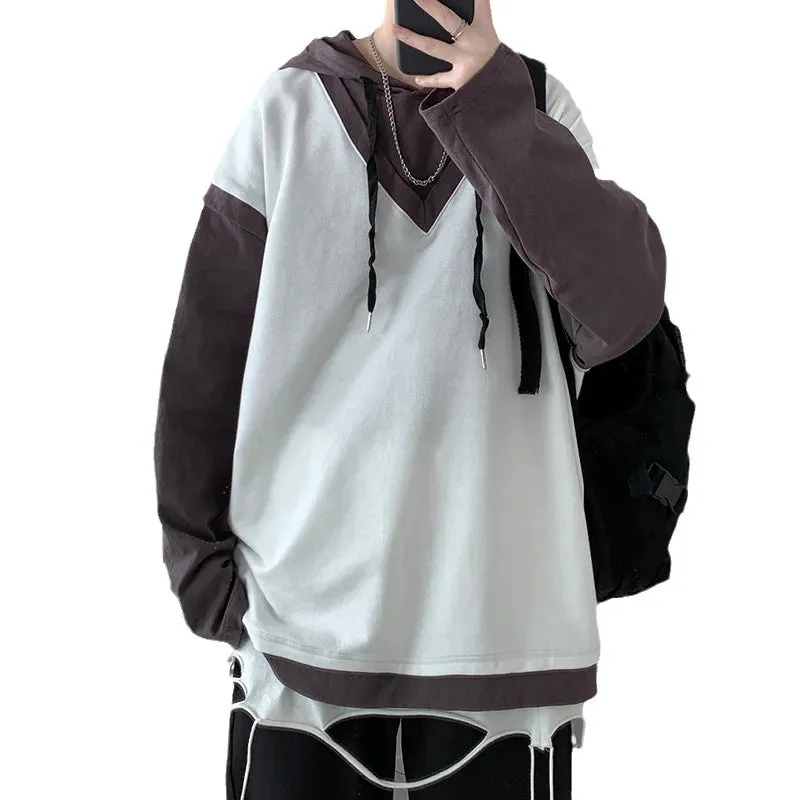 Wiaofellas - Spring Cotton Hoodie Men Fashion Fake Two Piece Sweatshirt Streetwear Korean Loose Hip Hop Pullover Hoodies Mens Clothing M-5XL