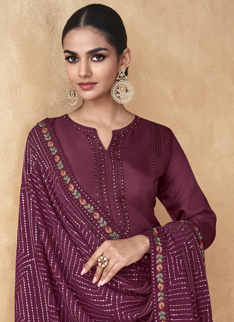 Wine Sequence Embroidery Salwar Kameez