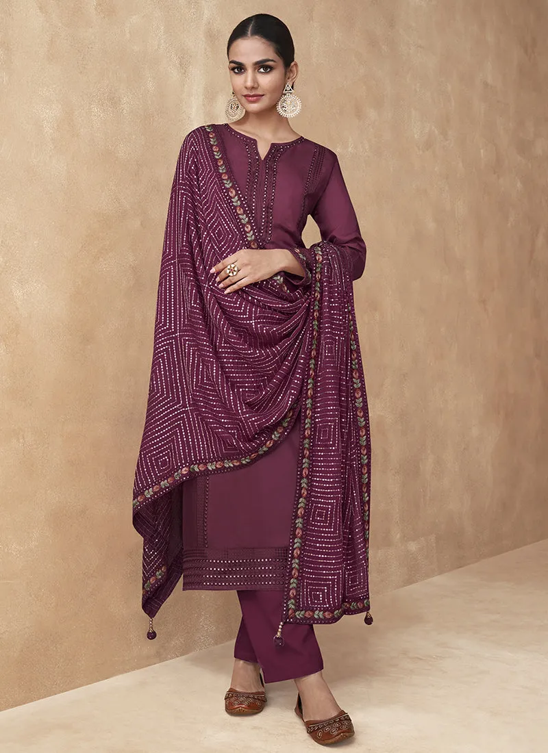 Wine Sequence Embroidery Salwar Kameez