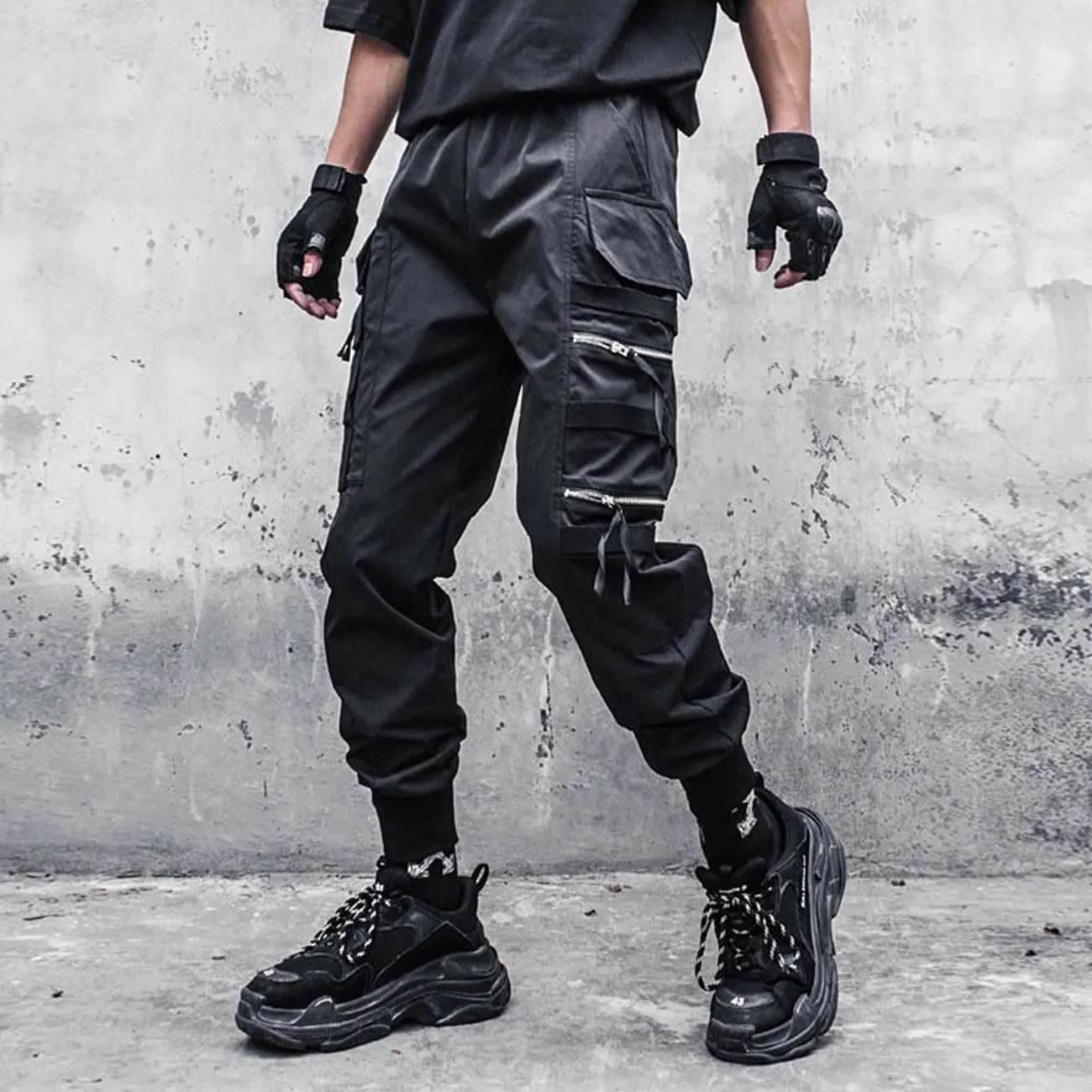 WLS Dark Functional Personality Zipper Multi-pocket Cargo Pants