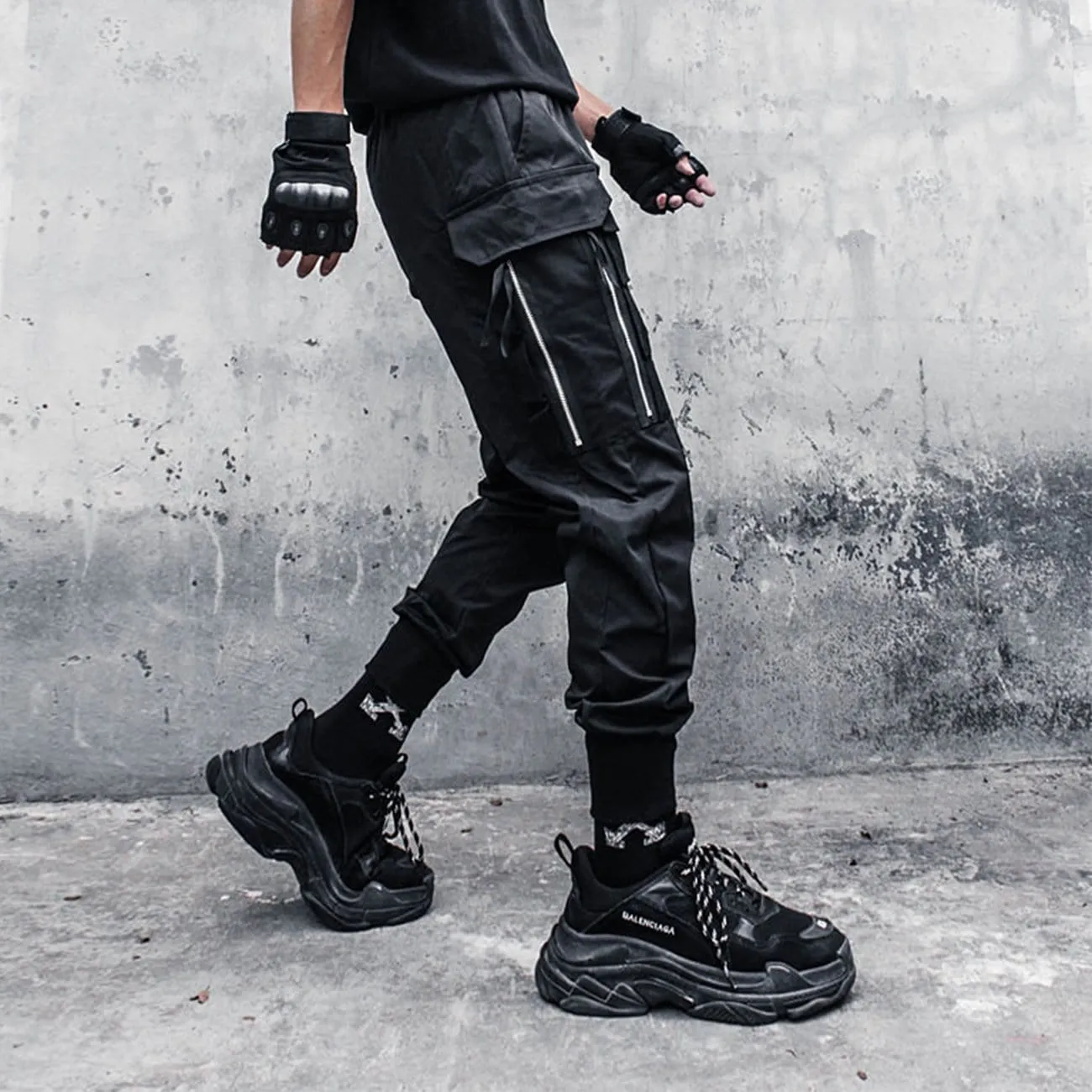 WLS Dark Functional Personality Zipper Multi-pocket Cargo Pants