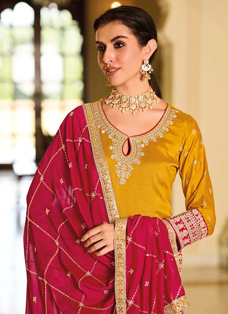 Yellow And Magenta Traditional Embroidery Punjabi Suit