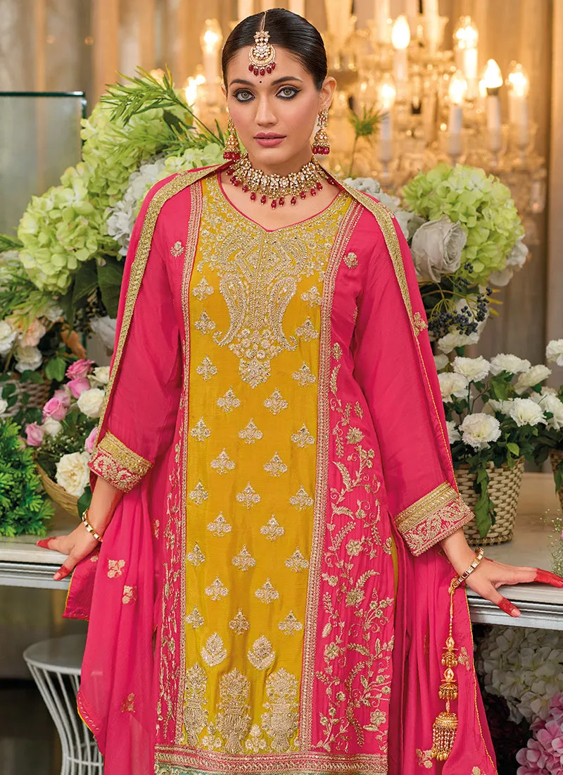 Yellow And Pink Multi Embroidery Palazzo Style Suit