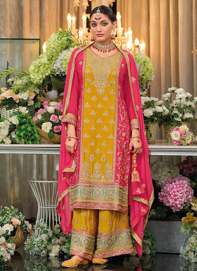 Yellow And Pink Multi Embroidery Palazzo Style Suit